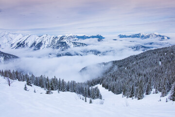 Fototapeta na wymiar Winter panorama landscape in the Karwendel mountains at Schafreiter, with fog, snow and forest.