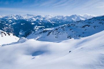 Fototapeta na wymiar Winter landscape on sunny day at Marchkopf in Hochfügen, Zillertal Austria, European Alps.