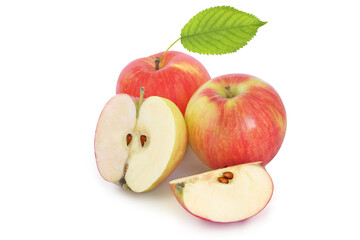 Naklejka na ściany i meble Two apples, half and slice with leaf isolated on white background