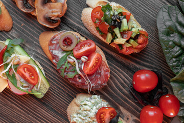 various beautiful bruschettas with vegetables, avocado, salami, cheese, tomatoes, guacamole, olives and radishes on the 