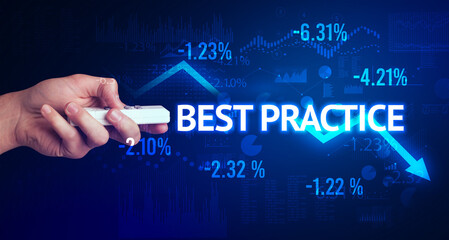 male hand holding wireless peripheral with BEST PRACTICE inscription, modern business concept