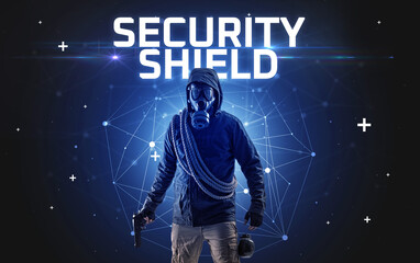 Mysterious hacker with SECURITY SHIELD inscription, online attack concept inscription, online security concept