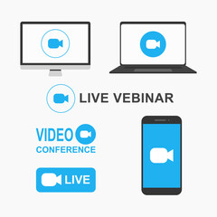 Live video conference logo. Blue live video meeting icon for online call. Webinar streeming camera logo. Video webinar graphic concept for business conversation isolated flat illustration set V1