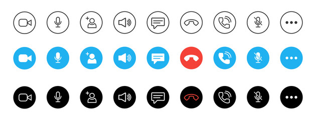 Video call chat screen ui vector buttons template for mobile phone online app. Conceptual icon set for web conference or business webinar design. User interface symbols isolated on white. V2