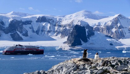 Penguin colony with expedition ship before mountains and glacier, Antarctica
