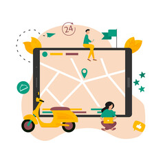 Fast delivery by scooter and device with map geo location. Quarantine safe online delivery concept. Vector illustration