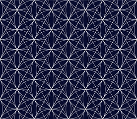 Floral effect geometric white lines and shapes repeating pattern on a dark blue background, vector illustration