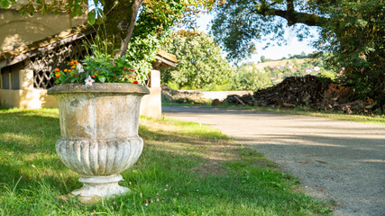 
Large carved stone garden bowl, filled with flowers, arranged next to a path