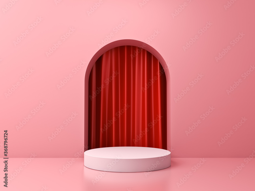 Poster blank white product pedestal isolated on pink pastel color background with red curtain 3d rendering