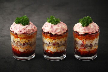 Dressed herring or herring under fur - traditional Russian salad
