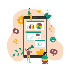 Concept of digital online marketing agency. Seo and data analysis with dashboard. Vector illustration