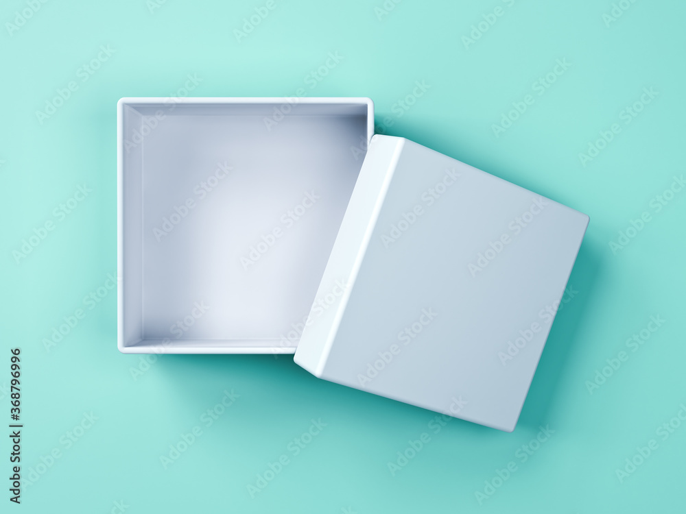 Poster Blank white box open with cover lid isolated on green blue pastel color background with shadow 3D rendering