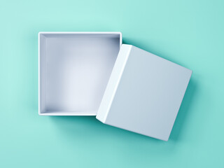 Blank white box open with cover lid isolated on green blue pastel color background with shadow 3D rendering
