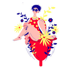 Eco protection for woman in critical days. Zero waste menstrual cup with leaves and flowers. Reusable personal hygiene item with flower composition. Stock vector illustration on white background.