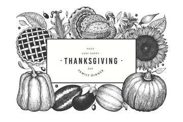 Happy Thanksgiving Day banner. Vector hand drawn illustrations. Greeting Thanksgiving design template in retro style. Autumn background.