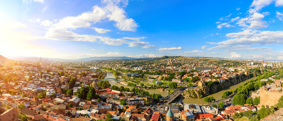 Panoramic view of Tbilisi city from the Narikala Fortress, old town and modern architecture. Tbilisi the capital of Georgia. © miklyxa