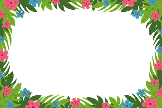 tropical leaves and flowers in vector flat style. template border frame banner, card, poster, summer vacation, copy space, place for text
