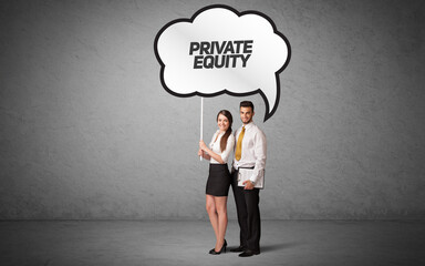 Young business person in casual holding road sign with PRIVATE EQUITY inscription, new business idea concept