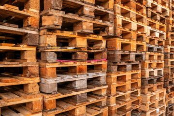 Many stacks of used  wooden pallets of euro type on warehouse is ready for recycling. Industrial background. Close-up.