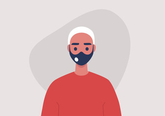A portrait of a young male character wearing a protective face mask with a filter, a second wave of corona virus, covid-19