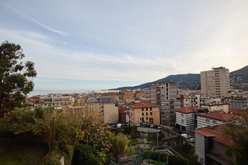 Fototapeta na wymiar La Spezia city skyline, aerial view. Liguria, tourism