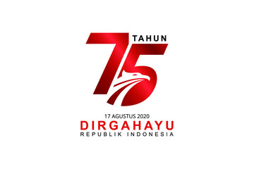 Celebrate 75 tahun Indonesia with beautiful wavy flag, Happy independence day Indonesian translation. Creative Emblem of Indonesian happy independence day. Logo, vector eps10.