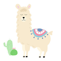 cute lama and with cactus. vector isolated. Good for cards, textile posters. EPS10