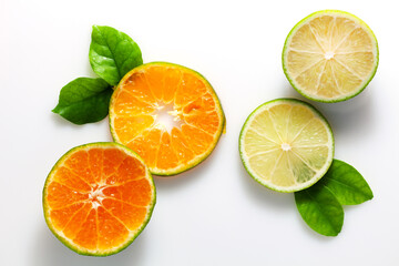 lime and orange fruit on white background.
