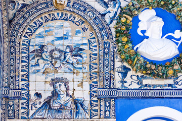 detail of mythological azulejos on the walls of The Palace of the Marquesses of Fronteira in Lisbon, Portugal