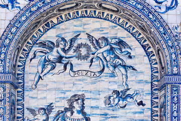 detail of mythological azulejos on the walls of The Palace of the Marquesses of Fronteira in Lisbon, Portugal