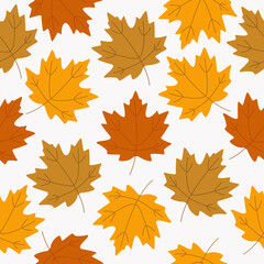 Naklejka na ściany i meble Autumn seamless pattern with maple leaves yellow and orange colors isolated on white background. Modern seasonal leaves for banners, cards, wallpaper, textile, clothes. Vector flat design