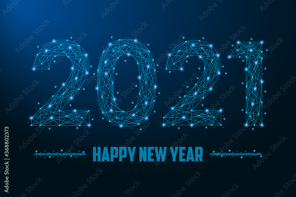 Poster 2021 new year illustration made by points and lines, polygonal wireframe mesh on night sky, dark blu