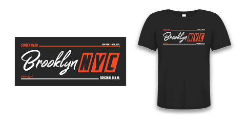 NYC, Brooklyn athletic design for t-shirt with tee shirt mockup. New York typography graphics for sport apparel. Vector illustration.