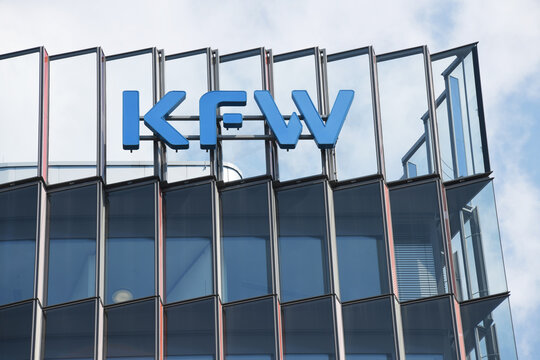 Frankfurt, Hesse / Germany - May 16, 2018: KfW logo on the roof of the headquarters in Frankfurt, Germany - KfW is a german government-owned development bank