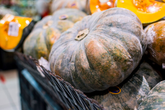 Closeup of West Indian Pumpkin or calabaza for sale at the supermarket. It is a winter squash typically grown in the Philippines and tropical America.
