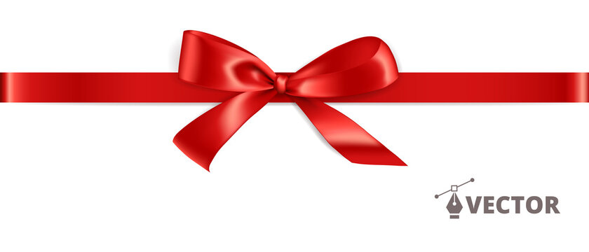Banner with gift bow. Red ribbon isolated. Gift card design template. Vector holiday decoration. Great for christmas and birthday cards, sale banners. Easy to change colors and reposition the bow.
