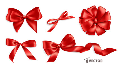 Realistic gift bow. Red ribbon isolated on white. Vector holiday decoration. Great for christmas and birthday cards, valentine or shopping sale banners. Easy to change colors.