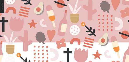 Summer primitive seamless pattern with traditional seasonal elements - flowers, avocado, ice cream, wine, saturn, heart, plants and a cross. Hand drawn flat style vector design, concept illustration
