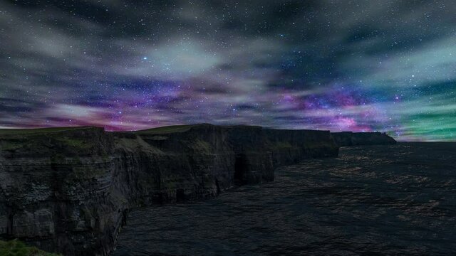 A night sky time lapse with clouds moving over the Cliffs of Moher in Ireland against the beautiful milky way.