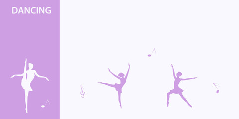 Dancers, musical symbols - isolated on white background - vector. The banner is horizontal. Business card. Fitness