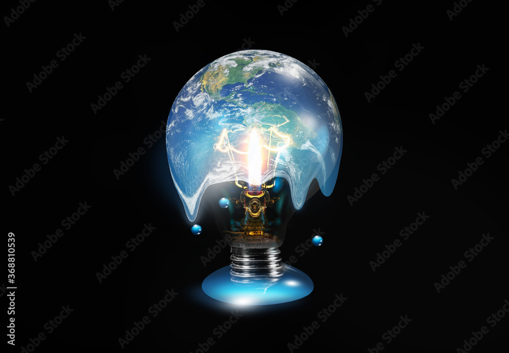 Poster burning candle in the light bulb with bulb isolated on black background - light bulb with world insi