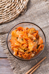 Homemade korean fermented kimchi cabbage salad, vegan, vegetarian preserved food