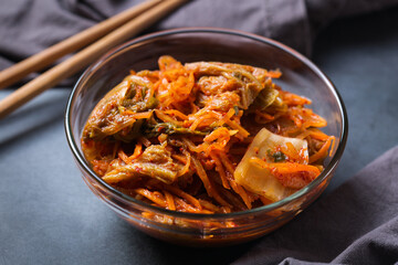 Homemade korean fermented kimchi cabbage salad, vegan, vegetarian preserved food