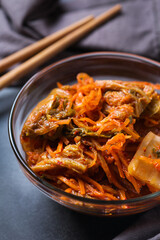 Homemade korean fermented kimchi cabbage salad, vegan, vegetarian preserved food