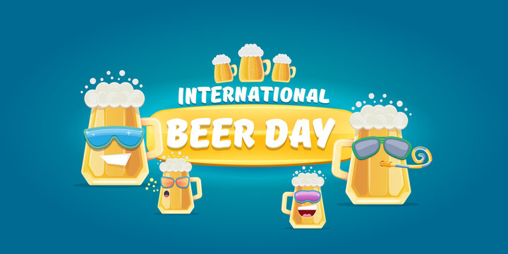 Happy international beer day horizonatal banner with cartoon funny beer glass friends characters with sunglasses isolated on blue background. International beer day cartoon comic poster