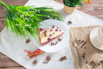 Cottage cheese pie with cherries on table. Delicious berry dessert
