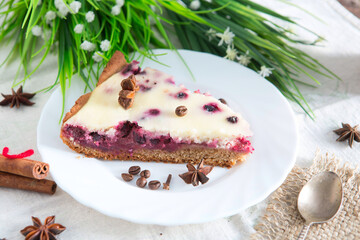 Cottage cheese pie with cherries on table. Delicious berry dessert