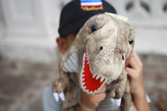 Asian kid (thai kid) with his dinosaur toy