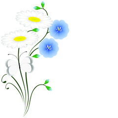 Blue flowers of flax and butterfly on chamomile.