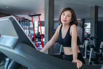 Fototapeta na wymiar Beautiful asian woman play fitness in the gym,Thailand girl has a slim body,Time for exercise,People love heath,Stretching body before workout,Sport woman warm up body,push up with dumbell